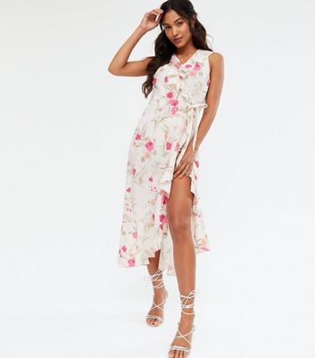 White Floral Belted Ruffle Wrap Midi Dress | New Look